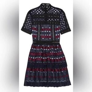 Self Portrait Navy Blue & Burgundy Guipure Lace Tiered Mini Dress